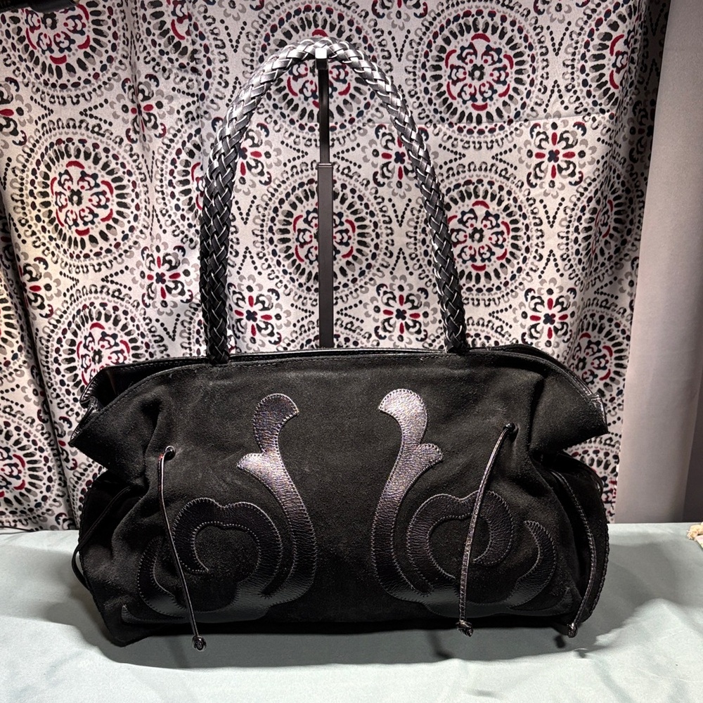 Carlos Falchi Fatto a Mano Black Suede Leather Applique Tote Braided Handle GUC - Picture 2 of 13